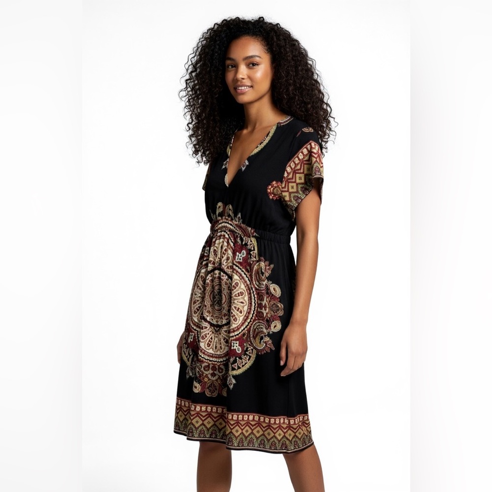 Boho Mandala Print Summer Dress Juniors L Black Multicolor Elastic Waist by Snap